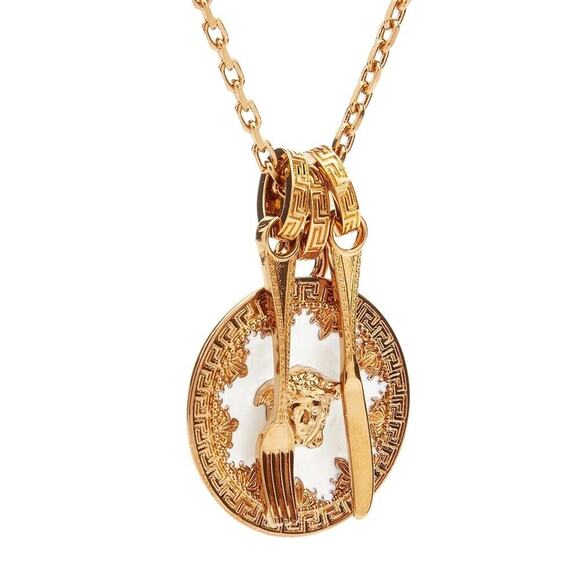 Versace Medusa Gold Miniature Plate Greca Engraved Pendant Necklace NWT $675 - Picture 3 of 14